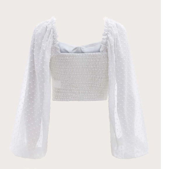 White Swiss Dot Sheer Sleeve Crop Blouse Top - Picture 6 of 11